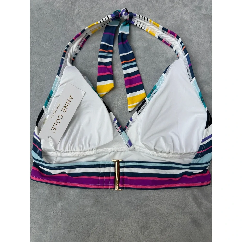 NWT Anne Cole Bikini Top Women Multi Stripe Halter Wrap Swim 25MT122101 L $64